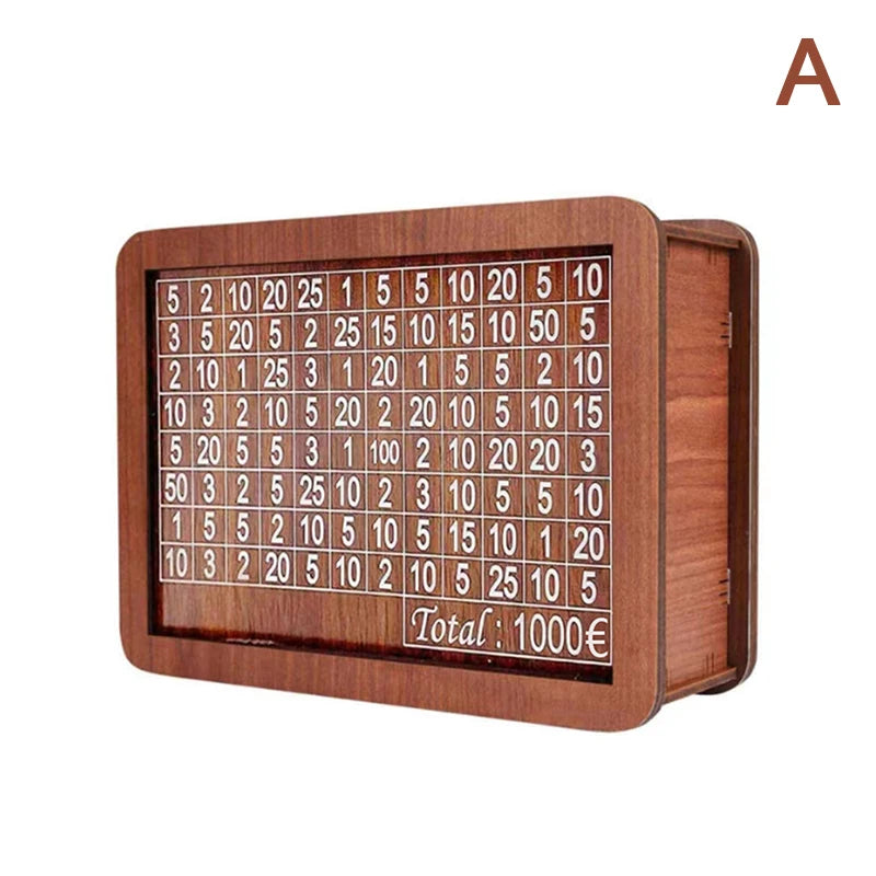 A wooden piggy bank with a grid of numbered slots for saving money.