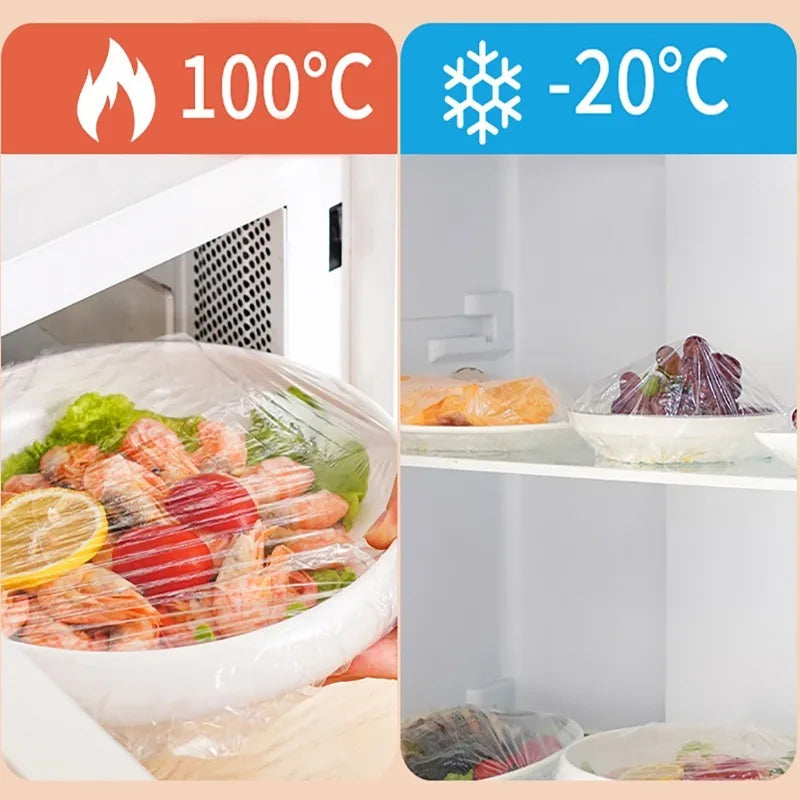 Disposable elastic bowl covers used to wrap and transport food, shown next to temperature indicators.