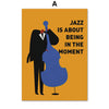 Abstract wall art featuring a silhouette of a person playing a blue guitar against an orange background.
