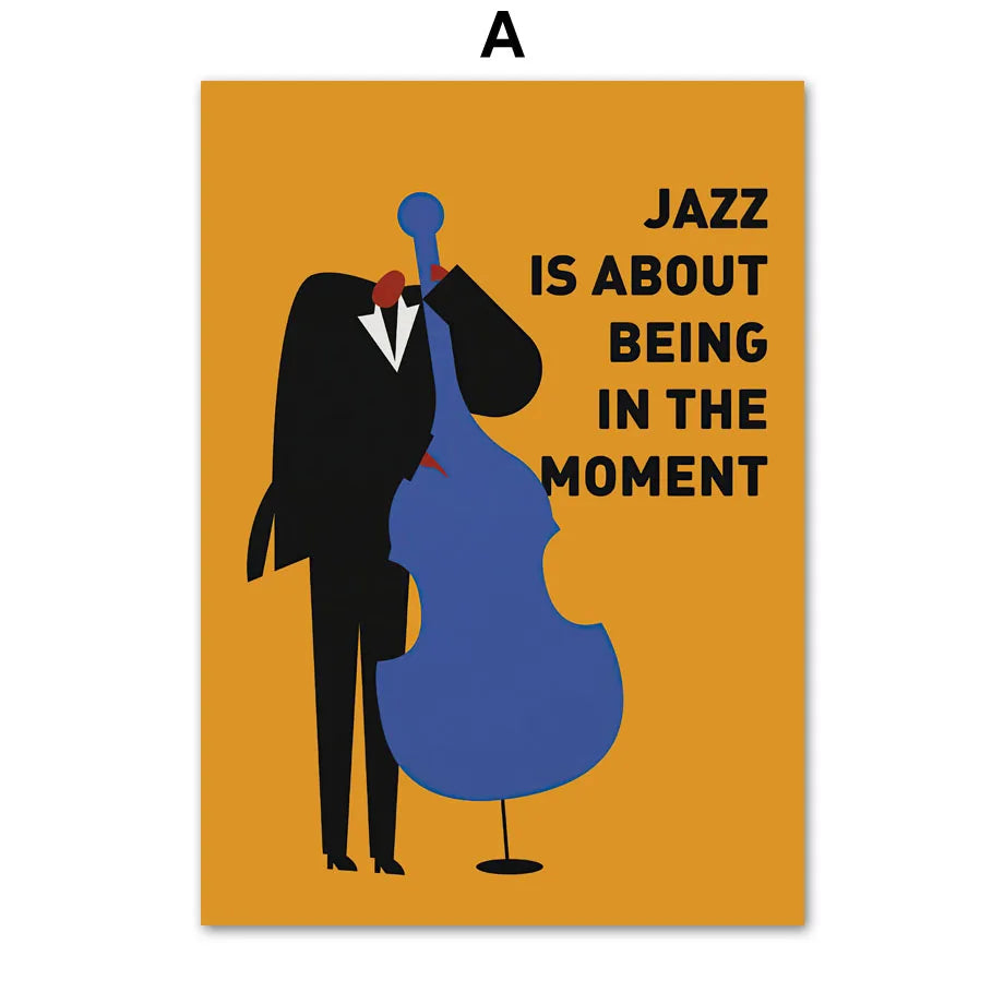 Abstract wall art featuring a silhouette of a person playing a blue guitar against an orange background.