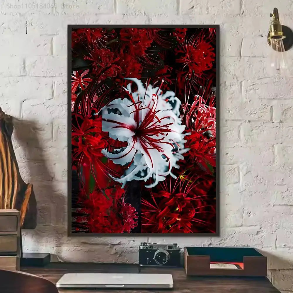A dark, dramatic print featuring red and white spider lilies against a black background.