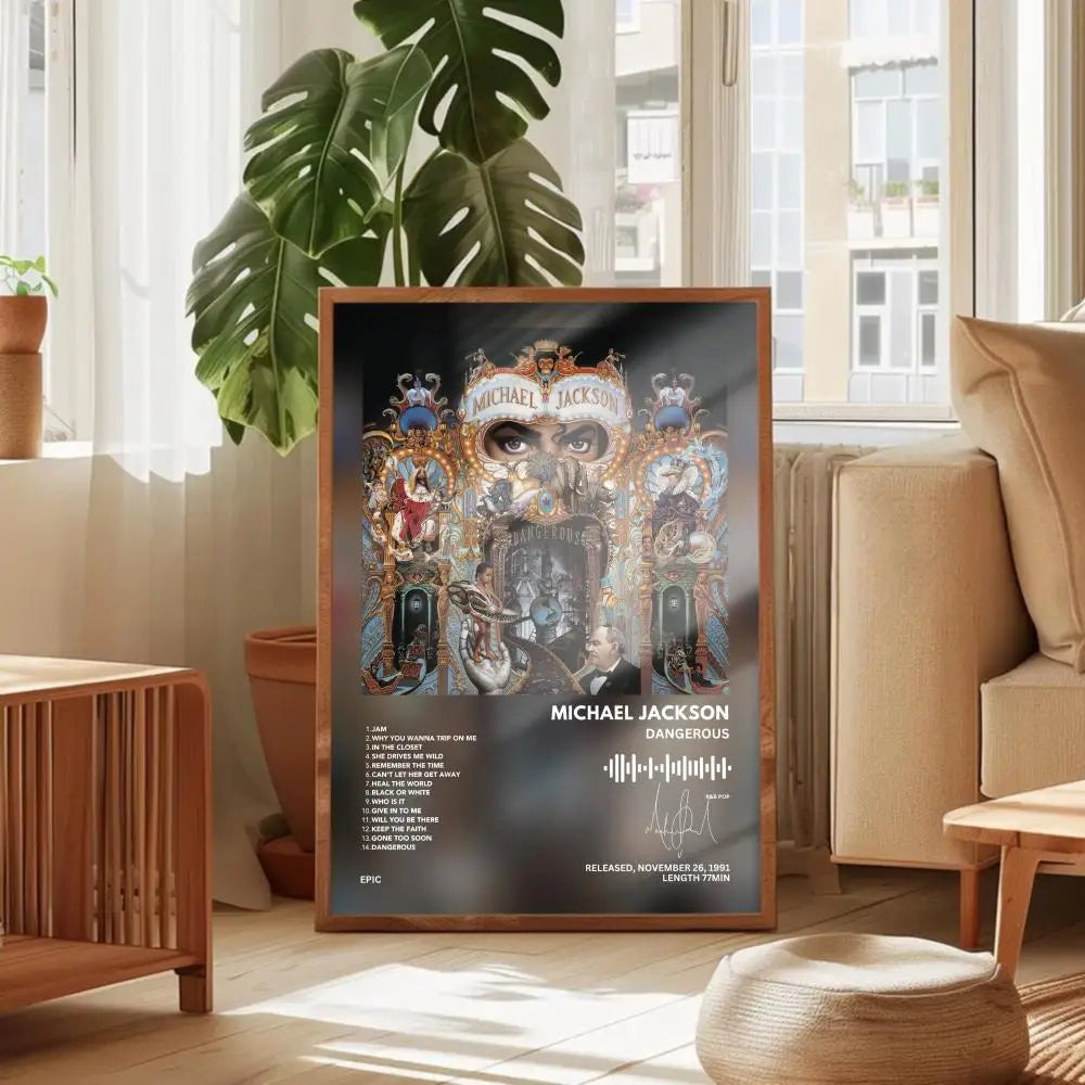 Canvas art print featuring a portrait of Michael Jackson with ornate golden framing and musical notes.