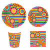 A colorful Mexican fiesta disposable tableware set featuring vibrant floral and geometric patterns on plates and cups.