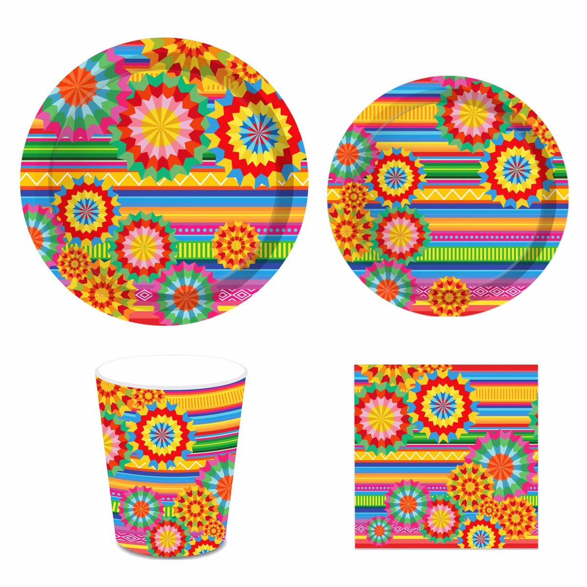 A colorful Mexican fiesta disposable tableware set featuring vibrant floral and geometric patterns on plates and cups.