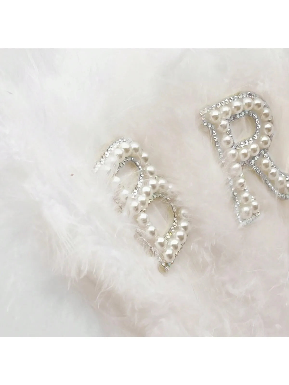 Bridal white feather hand fan with rhinestone letter R
