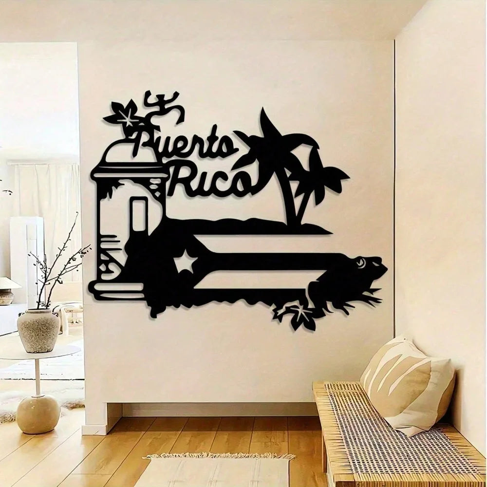 A black silhouette wall hanging featuring the text Puerto Rico and palm trees on a white wall.