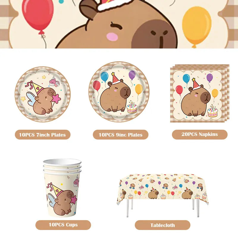 A kit for a happy capybara birthday party featuring plates, napkins, cups, and a tablecloth.