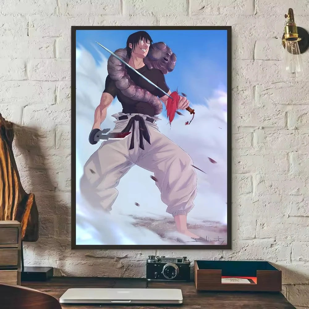 Anime canvas art poster featuring Toji Fushiguro in a dynamic pose with a sword against a blue sky background
