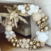 A white and beige latex balloon garland arch kit featuring various sized balloons arranged in an arc.