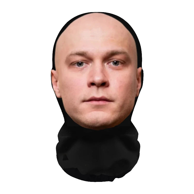 A realistic full-face cosplay mask is shown against a white background.