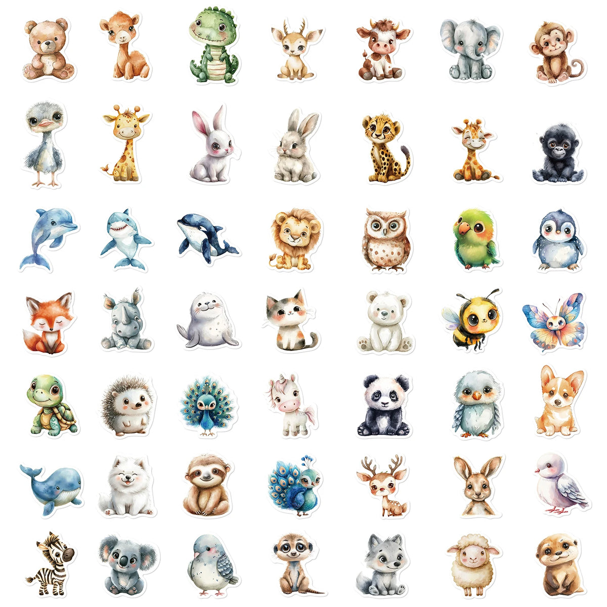 A collection of 50 cute watercolor animal stickers featuring various mammals, birds, and creatures.