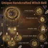 Unique handcrafted witch bell featuring a large brass bell, crescent moon, star, and obsidian chips.