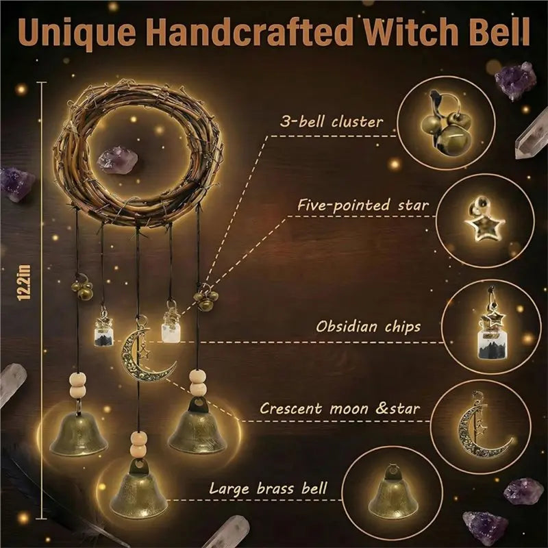 Unique handcrafted witch bell featuring a large brass bell, crescent moon, star, and obsidian chips.
