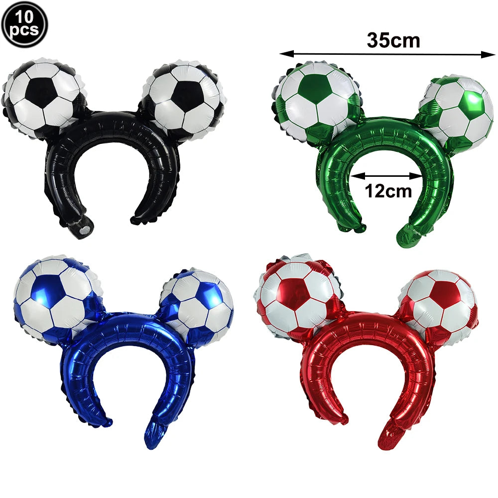 A set of 10 soccer ball balloons in black, white, green, blue, and red latex decorations.