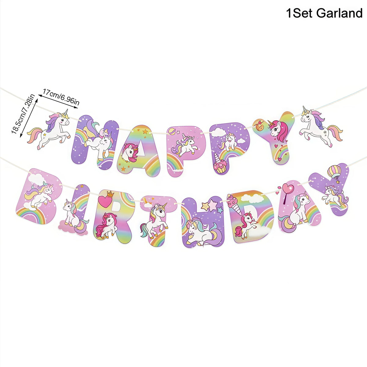 A set of purple and pink unicorn letter garland for a birthday party decoration