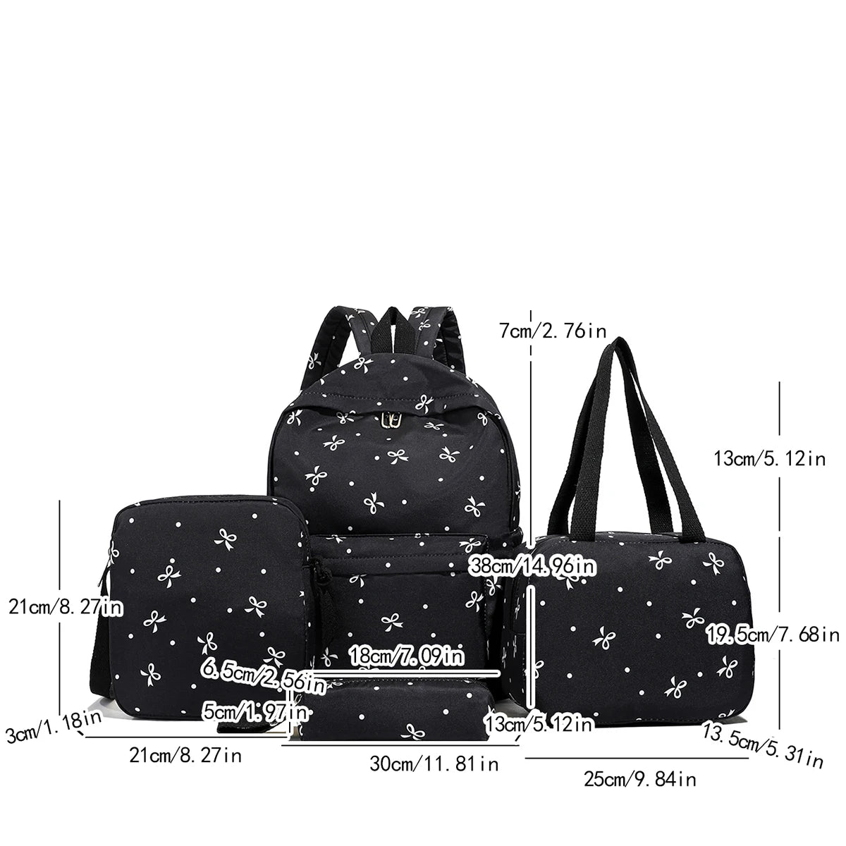 Black women's bow print backpack set including a backpack and matching accessories