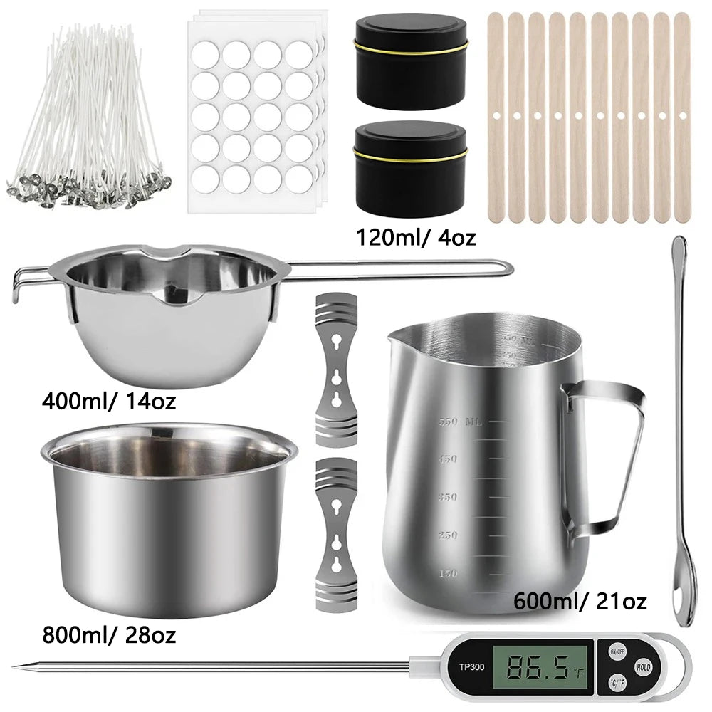 A complete candle making kit showing a melting pot, pouring pitcher, and various tools like silicone strands and measuring sp
