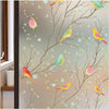 A close-up of frosted window privacy film featuring delicate watercolor illustrations of various small birds on tree branches