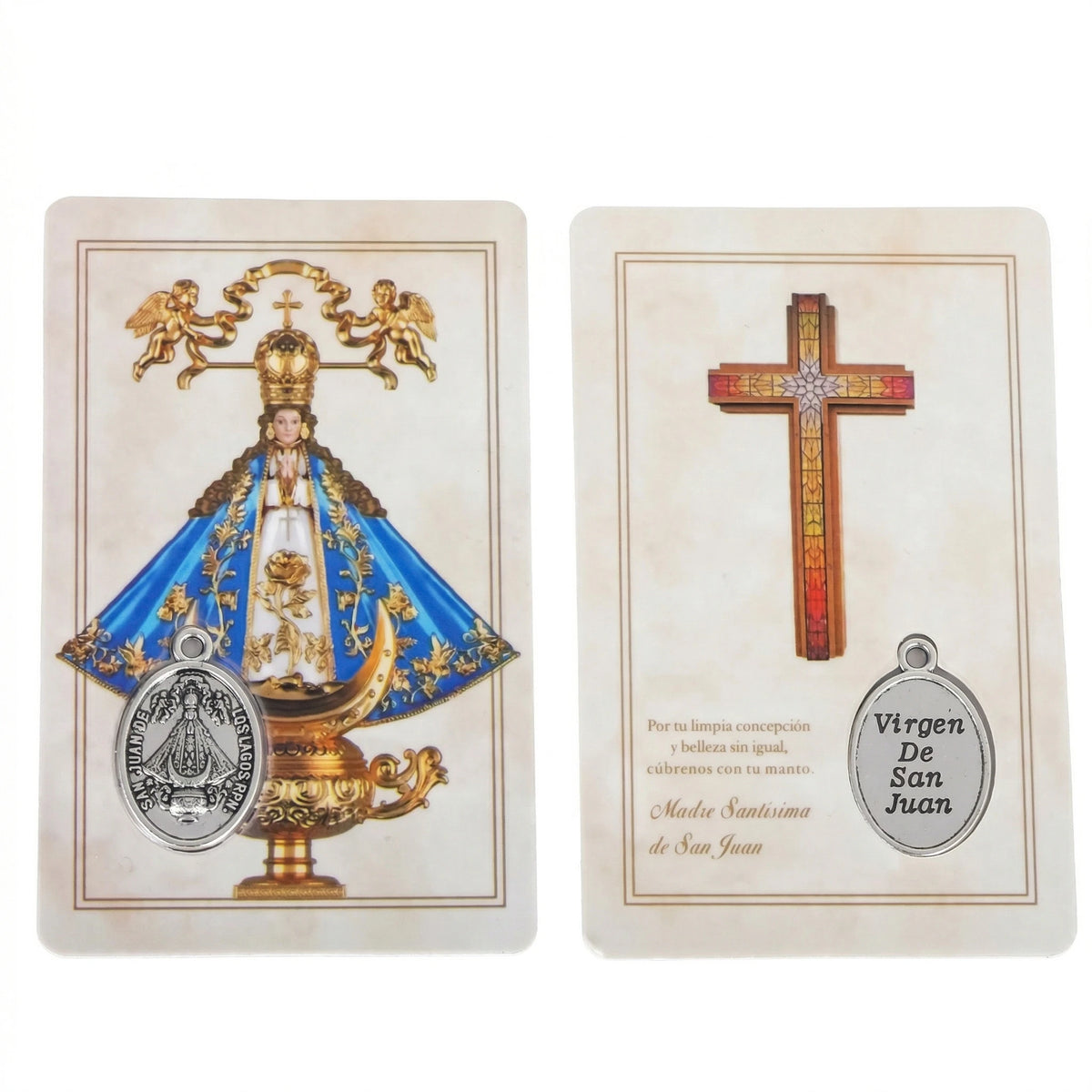 Two religious cards featuring a depiction of a saint and a cross, likely for protection or devotion.