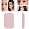 A portable makeup mirror featuring a touch screen and 3-color LED lighting, shown in pink packaging and with various makeup l