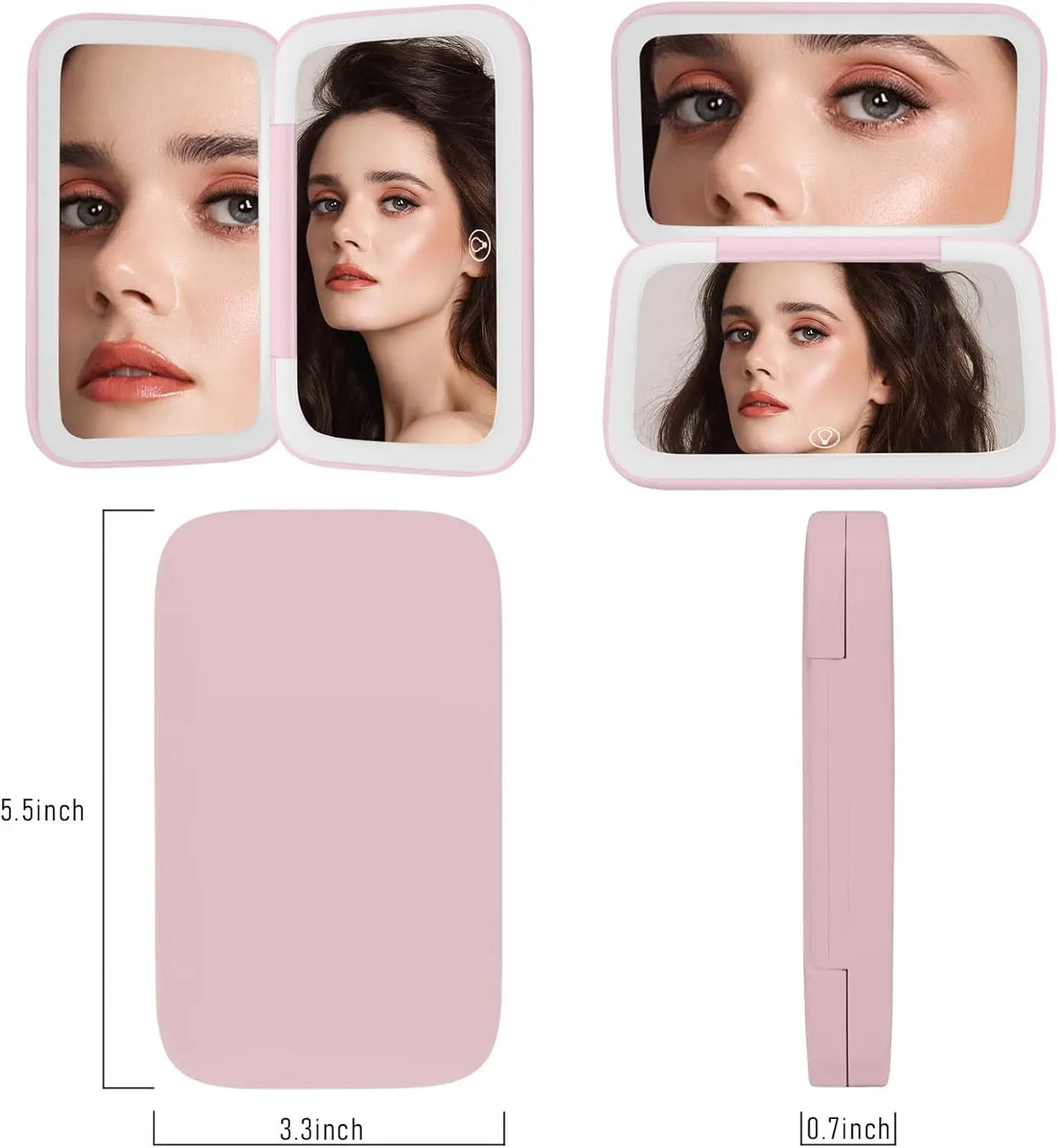 A portable makeup mirror featuring a touch screen and 3-color LED lighting, shown in pink packaging and with various makeup l