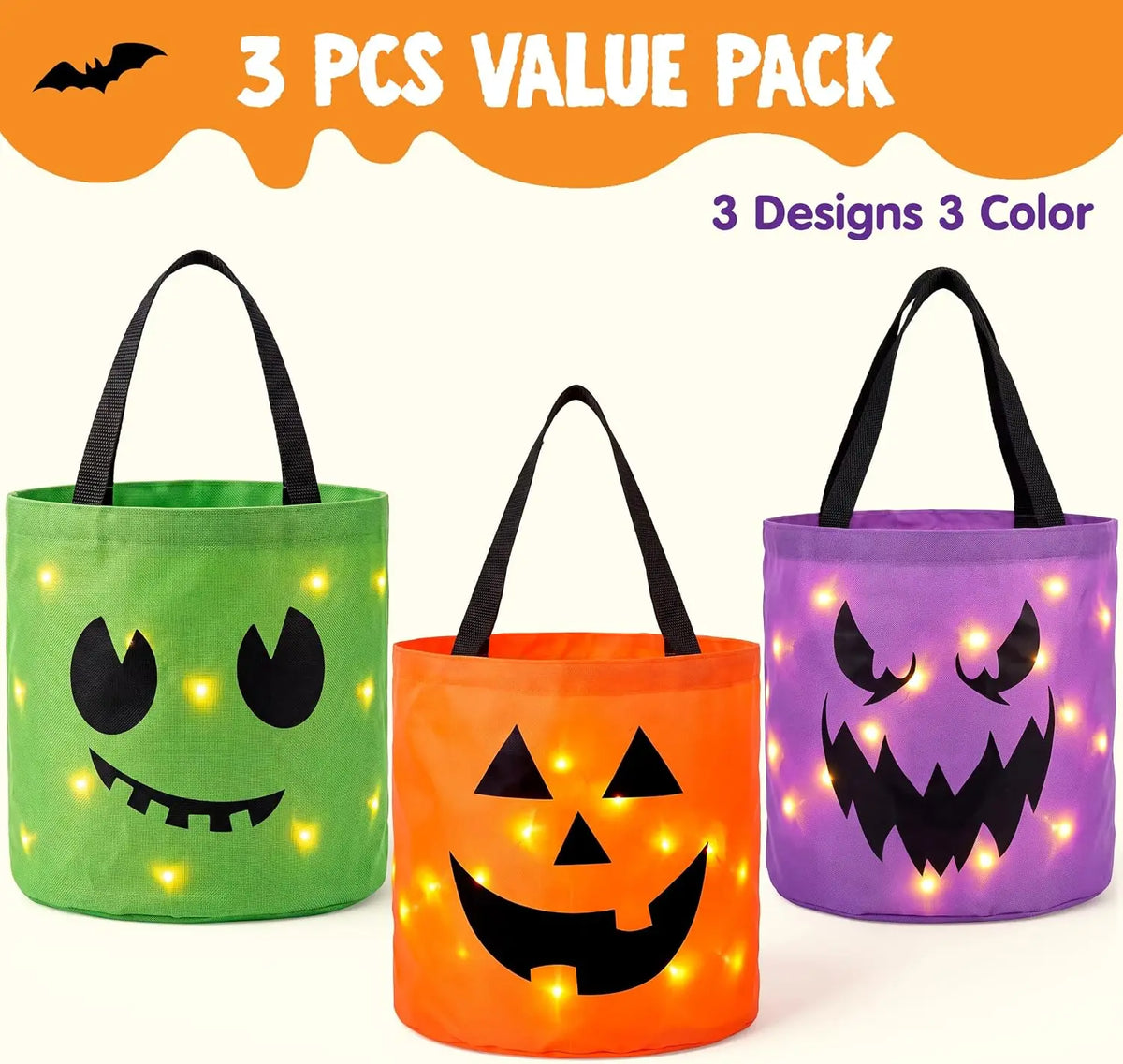 Un jeu de trois seaux à bonbons d'Halloween lumineux vert, orange et violet.