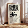 A framed canvas print with the text Practice Patience Everyday featuring a silhouette of a person sitting on a bench.