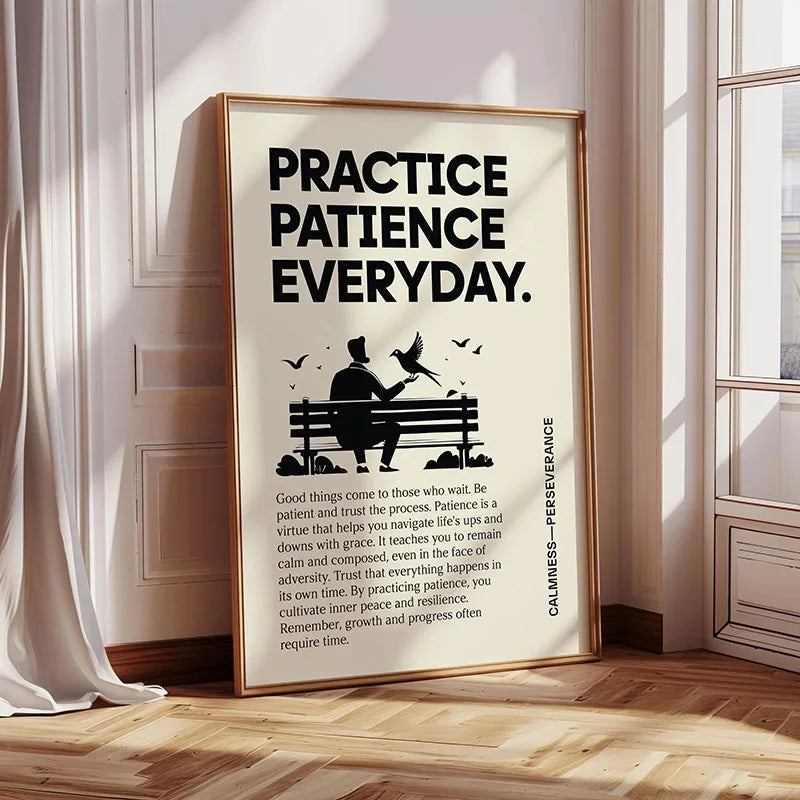 A framed canvas print with the text Practice Patience Everyday featuring a silhouette of a person sitting on a bench.
