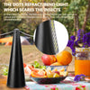 A black automatic electric fly repellent fan is shown next to various fruits and vegetables.