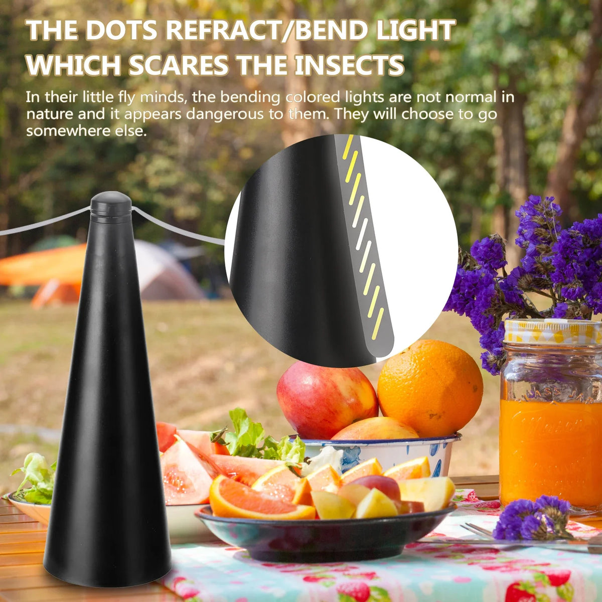 A black automatic electric fly repellent fan is shown next to various fruits and vegetables.