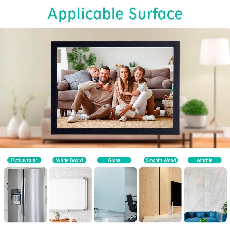 Lot de trois cadres photo magnétiques minimalistes montrés avec des exemples de surfaces d'application comme un réfrigérateur