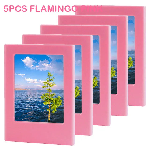 Five pink magnetic photo frames displaying scenic outdoor landscapes