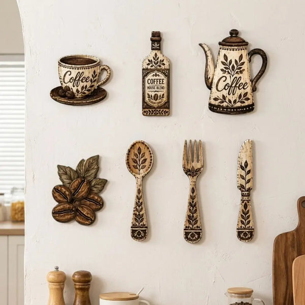 A set of seven rustic wooden coffee-themed wall decor pieces including a cup, decanter, teapot, and cutlery.