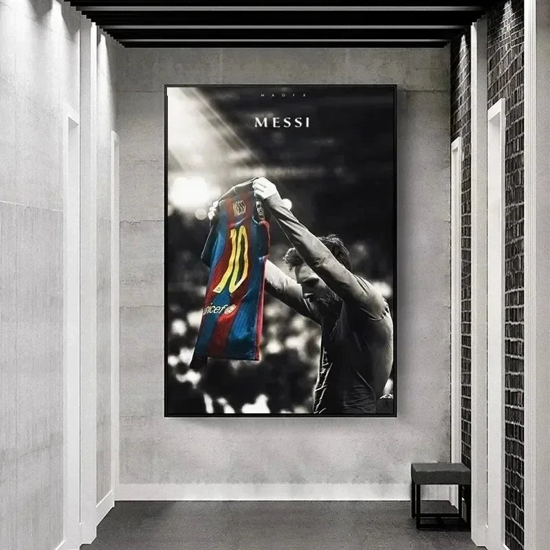 A framed canvas print featuring a black and white photo of Lionel Messi in a football jersey.