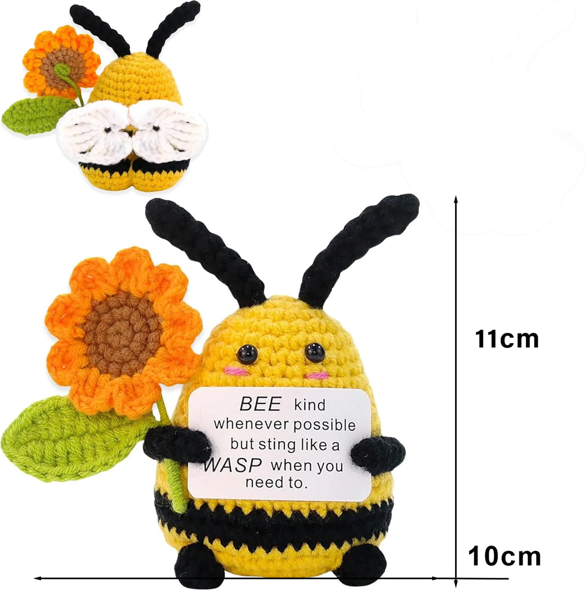 Handmade crochet bee doll with black and yellow stripes and an inspirational card