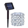 A solar-powered outdoor string light is shown next to its solar panel component.