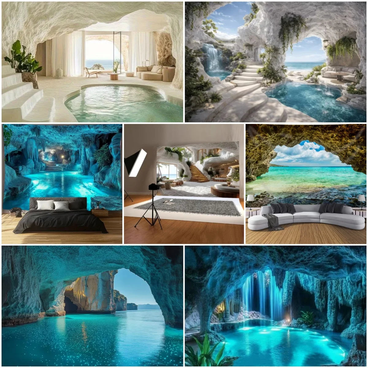 A collection of images showing various blue cave and water environments suitable for photography and decoration.