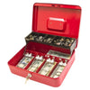 A red metal cash storage box with a lock, open to reveal compartments filled with coins and banknotes.
