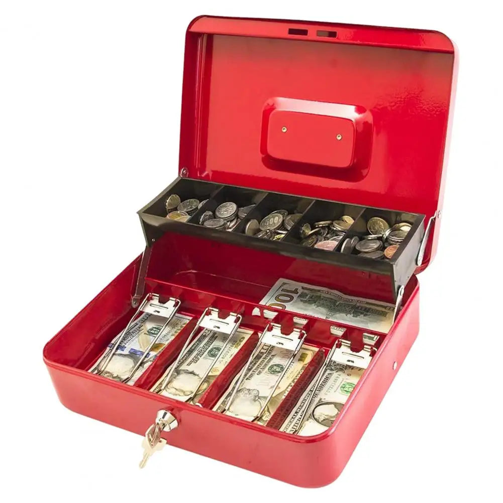 A red metal cash storage box with a lock, open to reveal compartments filled with coins and banknotes.