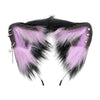 A pair of black and purple faux fur fox ears headband for cosplay or themed parties.