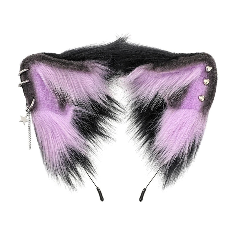 A pair of black and purple faux fur fox ears headband for cosplay or themed parties.