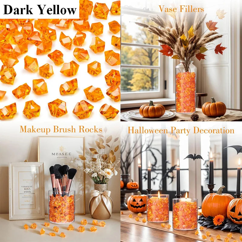 A collection of bright orange acrylic ice rocks and decorative items for Halloween party decoration