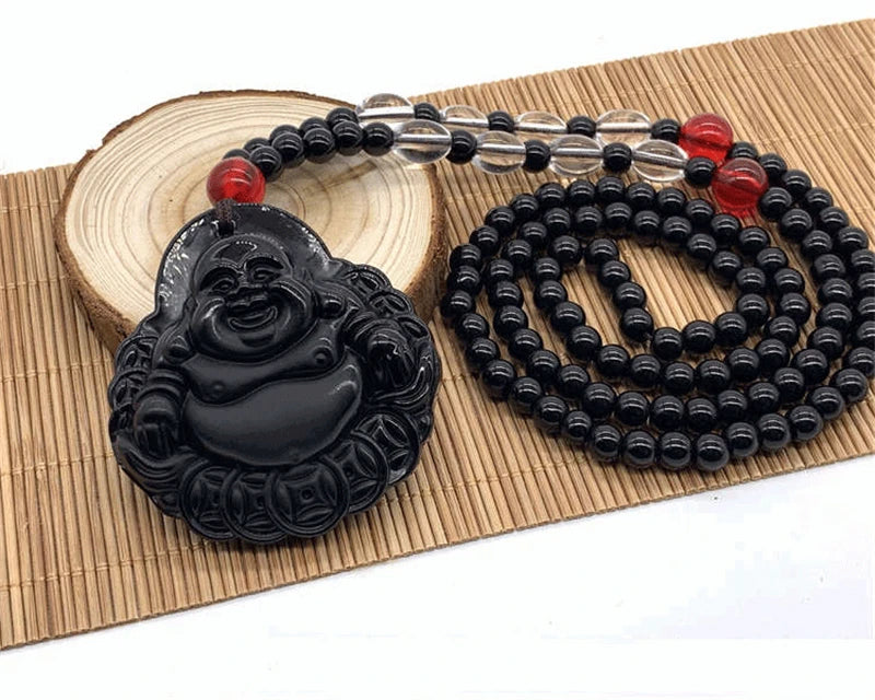 Amitabha Buddha Carved Obsidian Pendant Necklace