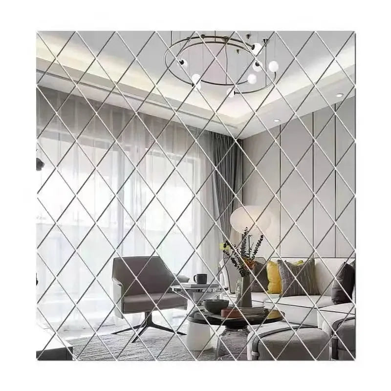 A modern interior featuring a diamond-patterned mirror wall sticker on a glass panel.