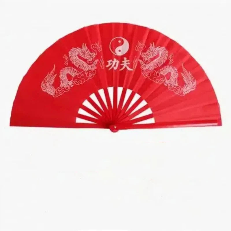 Red traditional bamboo folding fan decorated with dragons and a yin-yang symbol