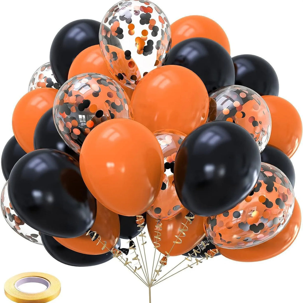 A cluster of chrome latex balloons in orange and black polka dots.