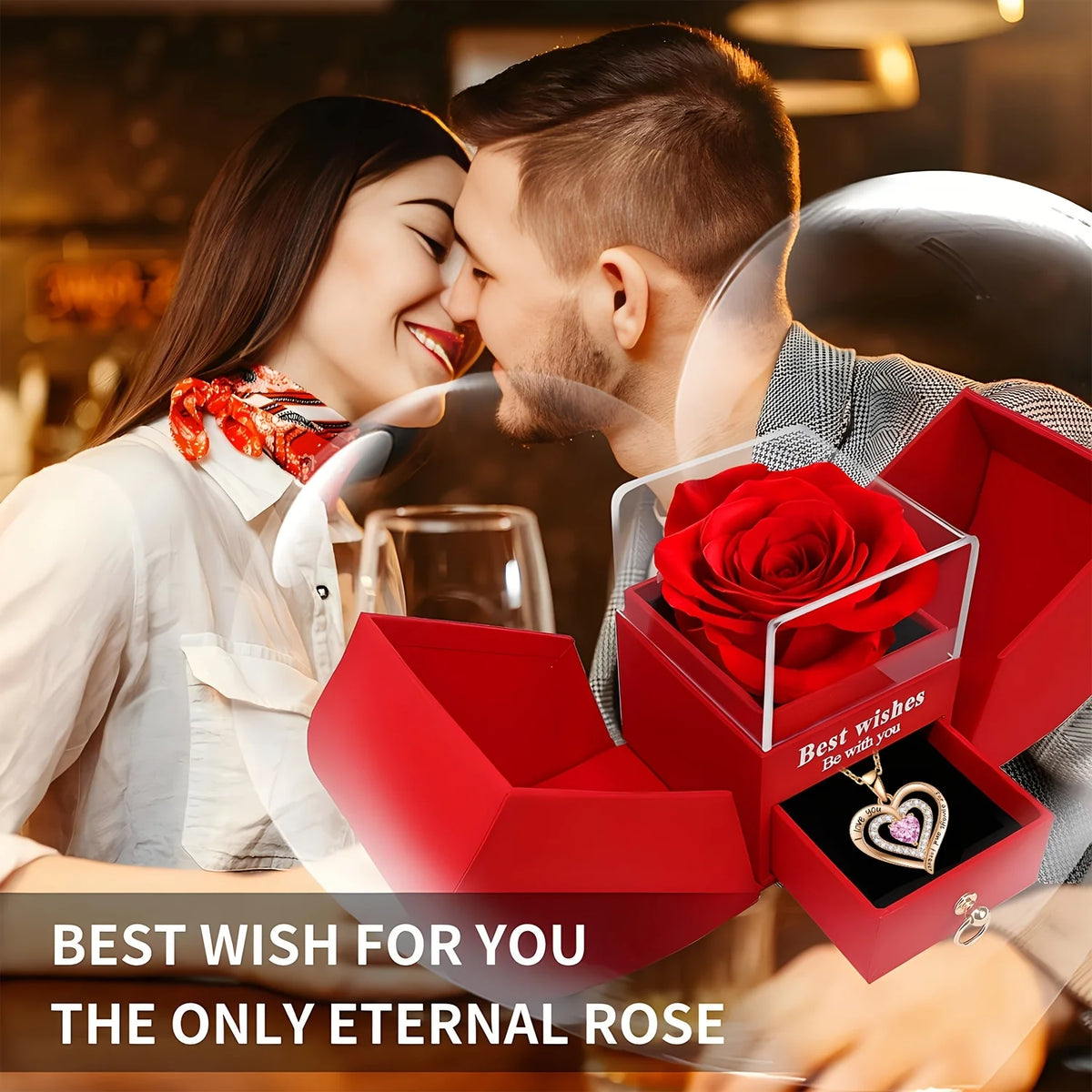 A couple shares a tender moment while a red rose is presented in an open gift box with a heart pendant necklace.