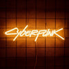 A glowing neon sign spelling out CYBERPUNK is suspended against a dark, grid-patterned wall.