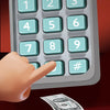 A hand points at a silver password saving piggy bank with numbered buttons, next to some cash.