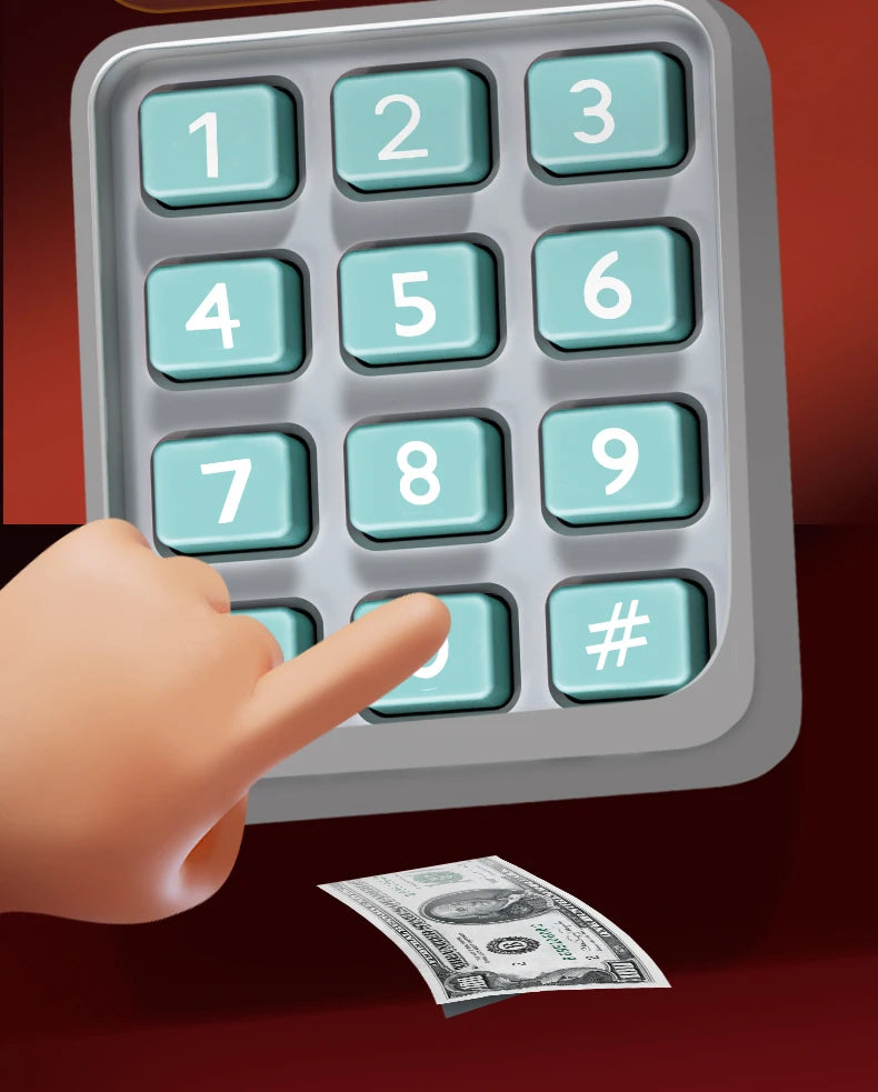 A hand points at a silver password saving piggy bank with numbered buttons, next to some cash.